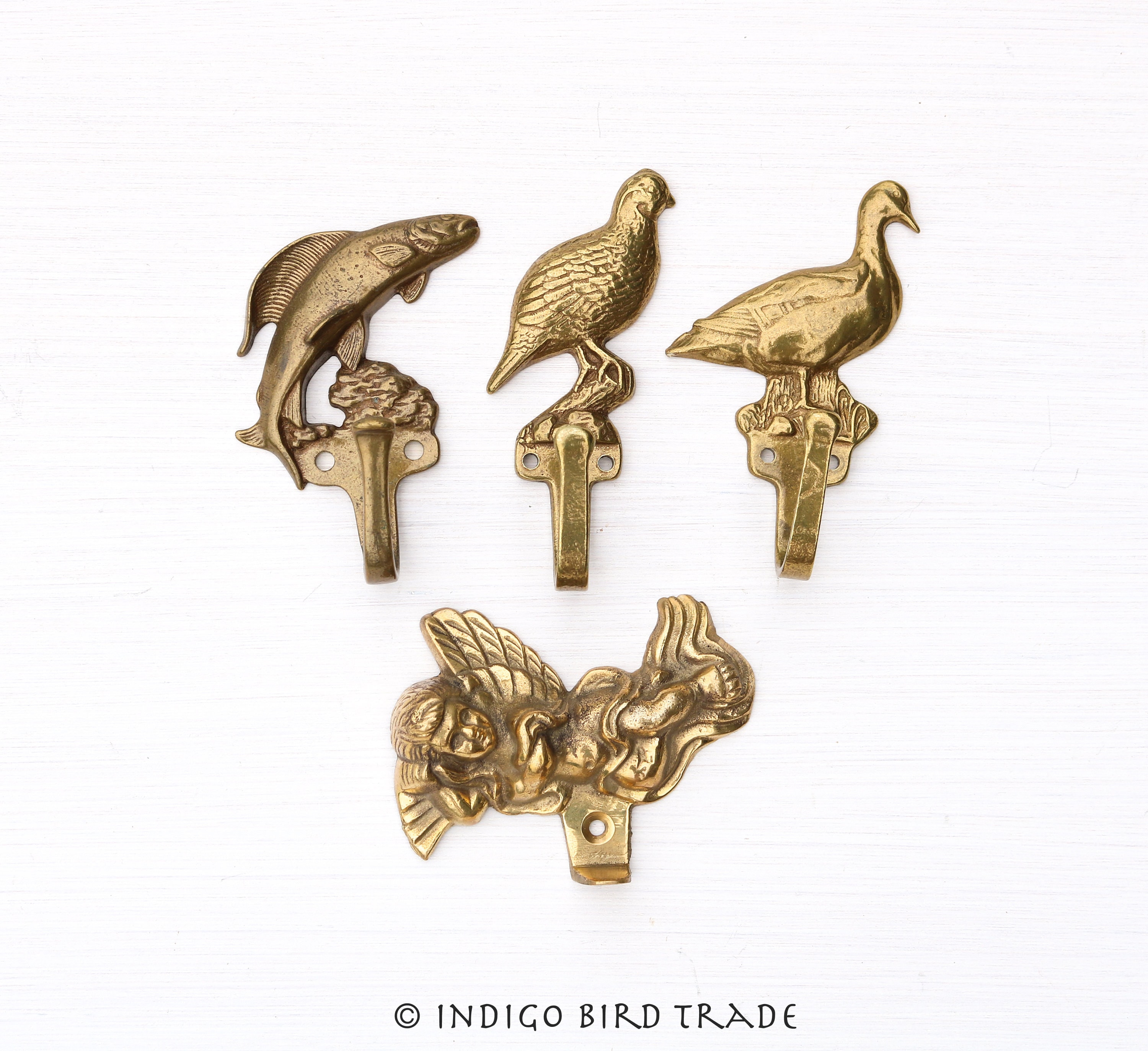 Vintage Solid Brass Coat Hook Fish Bass Bird Duck Quail Chicken Cherub Angel | Antique Gold Metal Wall Hook Bronze Mid Century Hanger