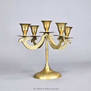 Vintage Brass Candelabra 5 Arms | Ornate Etched Candleholder Centerpiece for Five Candles | Gold Metal Candlestick French Style Shabby Chic