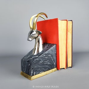 Art Deco Brass and Chrome Gazelle Bookend | Mid Century Impala Bust Book Holder Sculpture Statue | Vintage Antelope Ram Ibex Head Gold Metal
