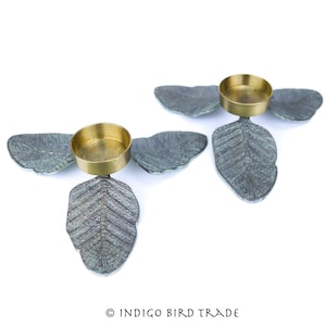 Vintage Pair of Brass Palm Leaf Candlesticks | Antique Patina Gold Metal Candle Holders Tropical Decor | Leaves Candleholders Beach House