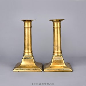 18th Century Queen Anne English Brass Push-Up Candlesticks Set of 2 | Antique Pair of Push Up Candle Holders Made in England Candleholders