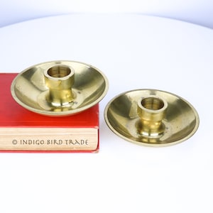 1960s Pair of Danish Design Round Brass Candle Holders | Vintage Mid Century Denmark Candlesticks MCM Candleholders Gold Metal Taper Patina