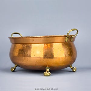 19th Century Large English Hammered Copper Jardiniere with Brass Bird Claw Feet and Handles | Antique Victorian Planter Vintage Plant Pot