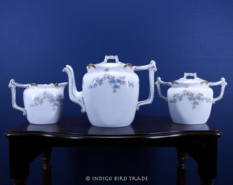 French T&V Limoges Antique Tea Service | Set of 3 Teapot Sugar Bowl with lid and Creamer | Floral Porcelain France Vintage Tressemann Vogt