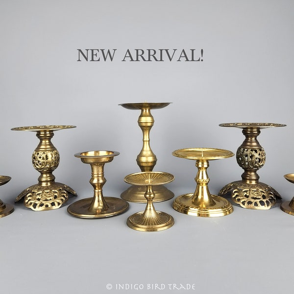 Lot of Brass Pillar Candle holders Vintage | Set Graduated Gold Candlesticks for Thick Candles Collection Mixed Candleholders Wedding Decor