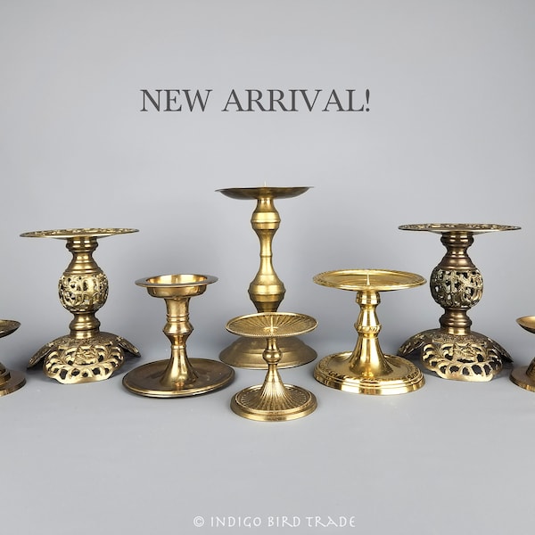 Vintage Brass Pillar Candle Holders | Collection Graduated Gold Candlesticks for Thick Candles Lot Set Mixed Candleholders Wedding Decor