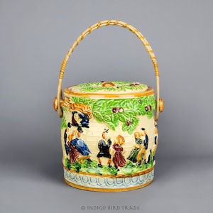 Vintage Majolica Ceramic Biscuit Jar Wicker Handle | Painted Porcelain Biscuit Barrel Japanese Pottery Cookie Jar Container with Lid Kitchen