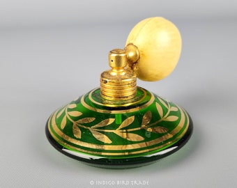 Antique Green Glass with Gold Perfume Atomizer | Vintage Gilt Perfume Bottle | Antique Refillable Perfume Spay Lady Vanity Decor French