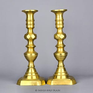 1830&#39;s English Beehive Diamond Solid Brass Push-up Candlestick Holders Set of 2 | Pair of Antique Georgian Period Candle Holder Candleholder