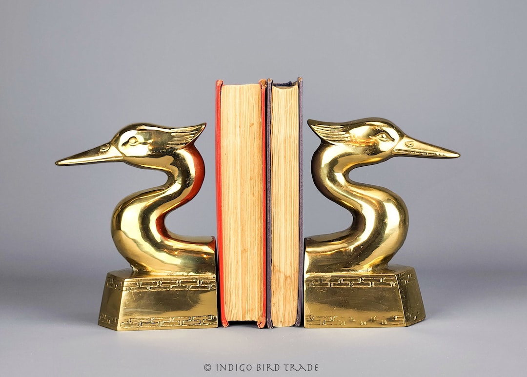 Pair of Solid Brass Blue Heron Bookends Vintage Erget Bust Book Holders