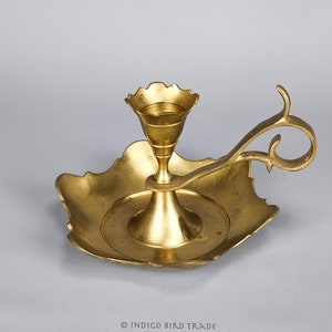 Vintage Solid Brass Ornate Chamberstick for Taper Candle | Antique Candleholder with Drip Tray and Handle Gold Candle Holder Candlestick