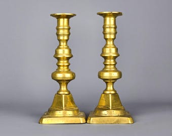 Pair of 19th Century English Brass Push Up Candlestick Holders | Antique Bronze Pushup Candle Holder Set of 2 Victorian Taper Candleholders