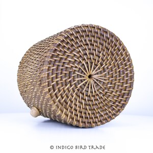 Vintage Rattan Round Basket with Lid and Wood Handle | Antique Handwoven Wicker Container Tote Bag | Wooden Picnic Basket Magazine Holder image 7