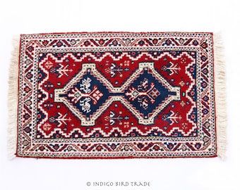 3'8 x 2'2 Vintage Afghan Rug with Tassels  | Antique Hand Knotted Wool Rug Afganistan Farah Oriental Small Red Rug Burgundy Carpet Hand Made