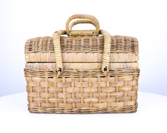 Vintage Wicker Picnic Basket with Handles | Antique Hand Woven Outdoor Basket with Lid | French Countryside Old Rustic Rattan Basket Bamboo
