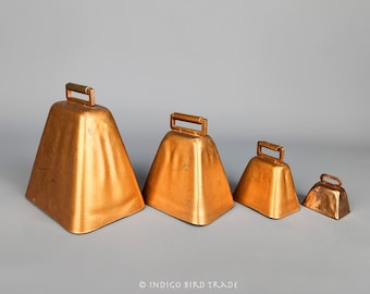 Vintage Copper Cow Bells Set of 4 | Antique Metal Graduated Goat Bells | Large to Small Farm Bells | Farmhouse Rustic Decor Countryside