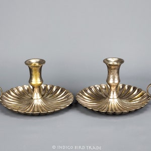 Pair of Silver Plated Scalloped Candlesticks Vintage Antique Metal Seashell Candle Holders with Handle Chamberstick Clam Shell Candlesticks