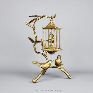 Large Brass Sculpture of Birds Sitting on the Branch with Hanging Cage | Vintage Gold Metal Bird Cage Bronze Statue Mid Century Decor Gift