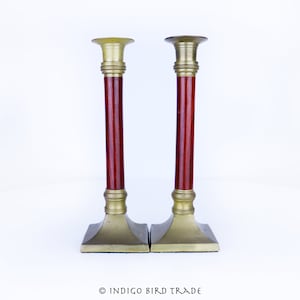 Pair of Brass and Burgundy Wood Column Style Candlesticks | Vintage Mid Century Candle holders | Gold Metal Patina Candleholder Set Lot MCM