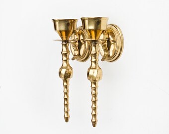 Pair of Vintage Brass Wall Mounted Sconces | Set of 2 Antique Gold Metal Wall Hanging Candle Hurricane Sconces Traditional Swirl Victorian