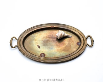 Antique Solid Brass Tray with Ornate Handles | Bronze Display Tray Vintage Bronze Patina Dresser Perfume Tray | Vanity Tray Beach House Gift