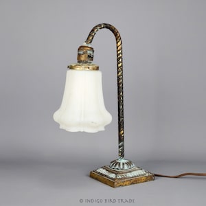 1900&#39;s French Art Nouveau Accent Lamp | Antique Bronze Bedside Lamp Etched Frosted Glass Shade | Old Vintage Ornate Metal Table Lamp