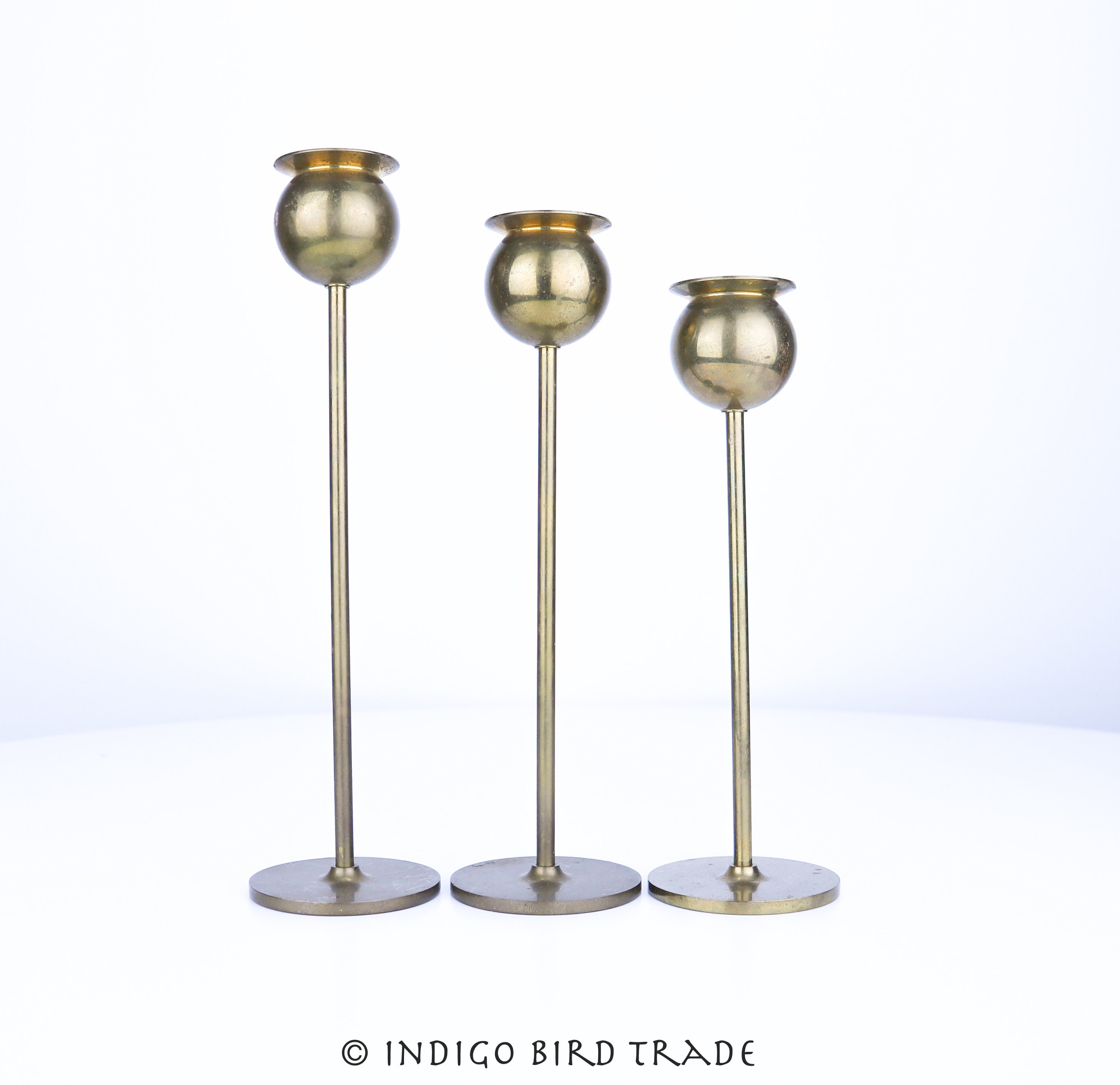 1960's Swedish Brass Candleholders By Pierre Forsell For Skultuna, Set Of 3 | Mid Century Modern Tulip Style Candle Holders Made in Sweden