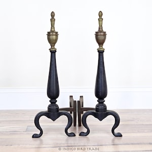 Antique Victorian Cast Iron and Brass Fireplace Andirons Set of 2 | Pair of Black and Bronze Farmhouse Log Holders | Vintage Dark Fire Dogs