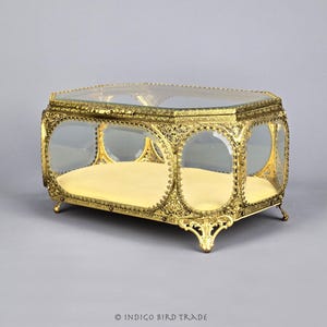 Large Antique French Ormolu Beveled Glass Jewelry Casket or Dresser Box | Ornate Filigree Gilt Metal Curio Cabinet Vanity Display Box France