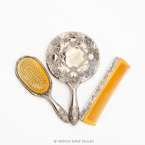 Silver plated Repousse Hand Mirror Brush Comb Vintage | Antique Victorian Vanity Set | Floral Design Ornate Ladies Dressing Table Set Old