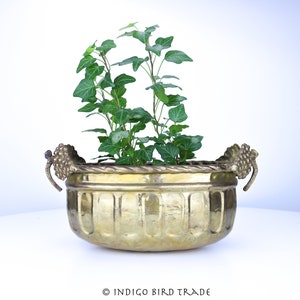 Large Vintage Brass Hammered Planter with Grape Handles | Antique Gold Metal Ornate Plant Pot Jardiniere | French Style Victorian Cachepot
