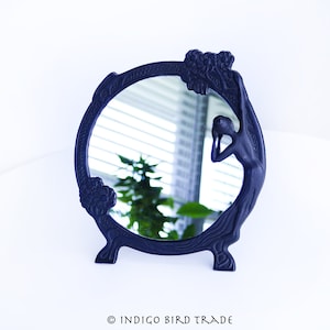 Art Nouveau Vanity Mirror Lady by the Lake | Antique Black Metal Maiden Tabletop Mirror | Vintage Ornate Floral Dresser Table Mirror Gift