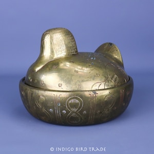 Vintage Solid Brass Bird Bowl with Lid | Mid Century Nesting Duck Etched Lidded Box | Ornate Metal Goose Sculpture Statue Gold Trinket Box