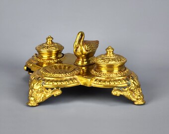 19th Century French Louis XV Style Double Inkwell Decorated with Swan and Dragons Antique Bronze European Ornate Gold Inkstand from France