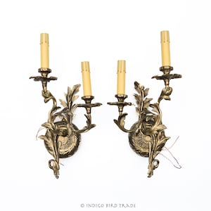 Swedish Bronze Ornate Electric Sconces - Set of 2 | Pair of Vintage Double Arm Wall Hanging Lights Gold Candelabras Made in Sweden