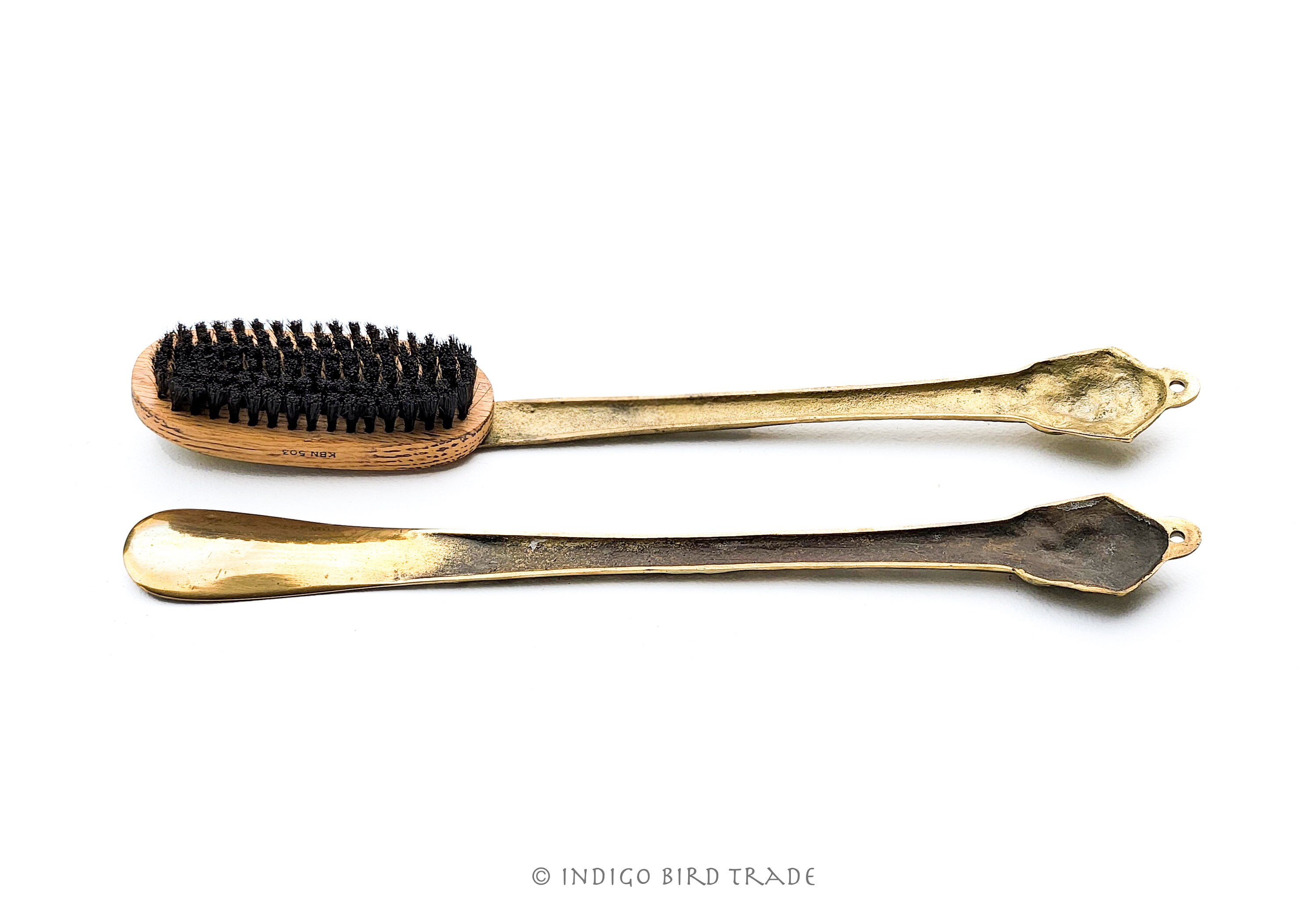 Antique Brass Shoe Horn and Clothing Brush With Lion Handles  display picture 1