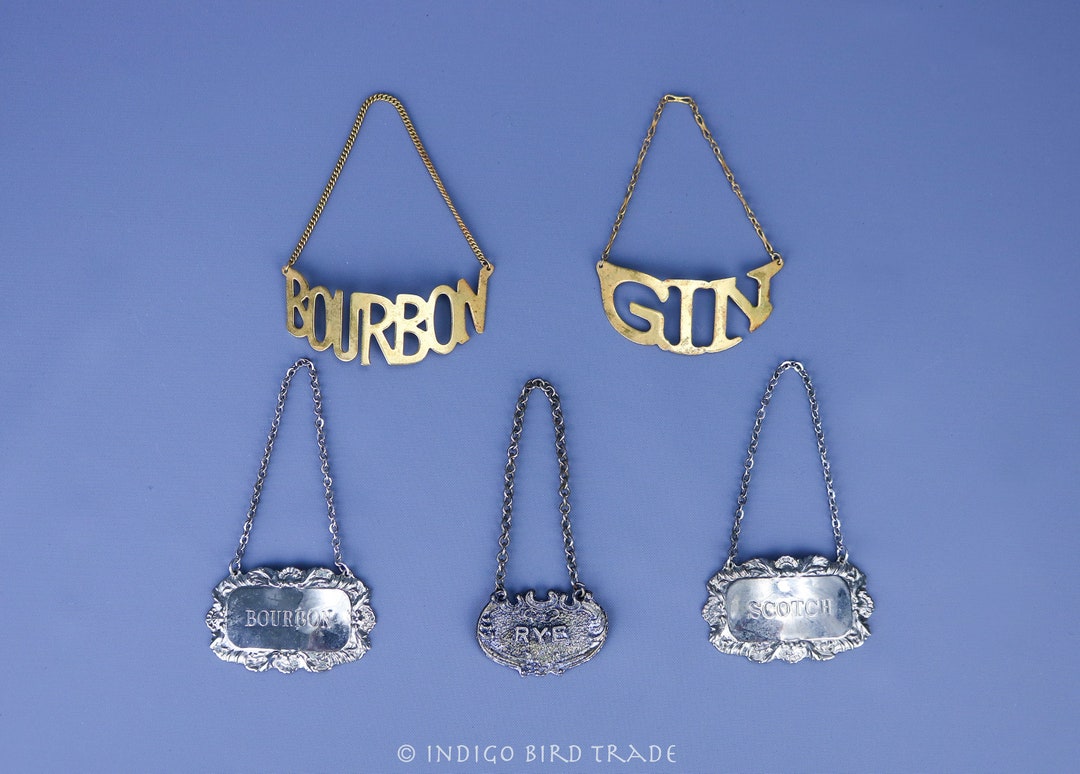 Vintage Decanter Bottle Hang Tags Antique Metal Bourbon Gin Scotch Rye