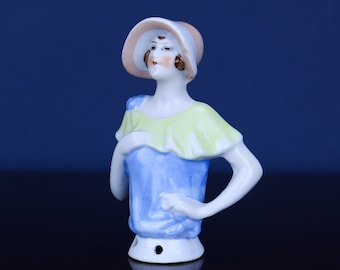 Antique German Porcelain Half Doll Art Deco | Vintage Flapper Girl Pin Cushion Arms Away Figurine Dressel Kister Sitzendorf Karl Schneider