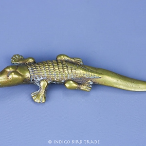 Antique Belgium Solid Brass Alligator Letter Opener | Vintage Gold Metal Crocodile Paper Knife Desk Office Accessory Alligator Statue Figure