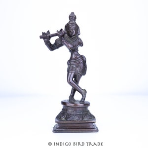 Antique Bronze God Krishna Playing a Flute Figurine | Vintage Brass Lord Hare Krishna Statue Hindu God | Shelf decor Gift God Of Love