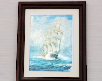 Vintage Sailboat Foil Art Work Print in Frame Tabletop or Wall Hanging Antique Nautical Framed Ship Beach House Painting Decor Ocean Sea