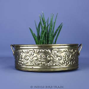 Vintage Brass Embossed Hammered Planter with Handles | Antique Gold Metal Ornate Plant Pot Jardiniere | French Style Victorian Cachepot
