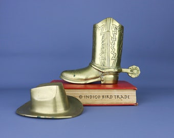 Vintage Brass Cowboy Boot and Hat | Antique Western Cowgirl Boot Statue Vase Gold Metal Sculpture Bronze Shoes Figurine Bud Vase Decor Gift