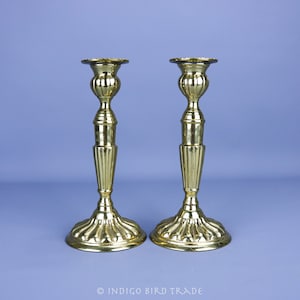 Pair of Vintage Ornate Brass Taper Candlesticks | Gold Metal Candleholders Antique French Style | Gold Metal Tall Candle Holders Set Lot