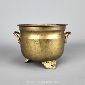 Vintage Small Brass Ornate Footed Planter with Handles | Antique Gold Metal Round Plant Pot Indoor Jardiniere French Style Victorian Era