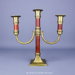 Vintage Brass and Wood Candelabra | Mid Century 3 Arms Taper Candleholder Candlestick | Candle Holder Red Wood Christmas Dinner Decor