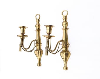 Vintage French Brass Sconces with Tassel Set of 2 | Pair of Antique Ornate Wall Hanging Candle Holders Gold Metal Candlesticks Candelabras
