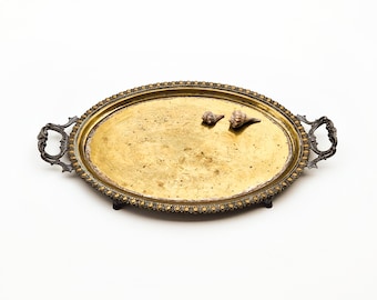 19th Century 25" Large Victorian Brass Tray with Handles and Feet | Antique Gold Silver Metal Gallery Tray Vintage Footed Serving Tray