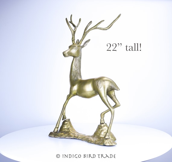 22 LARGE Vintage Brass Deer Statue Antique Gold Metal Deer With Antlers  Figure Mid Century Buck Moose Sculpture Christmas Decor Gift 