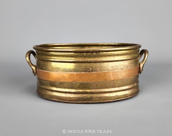 Brass and Copper Planter with Handles Mid Century Modern Design | Vintage Gold Metal Plant Pot | Small Bronze Cactus Succulent Canister Bowl